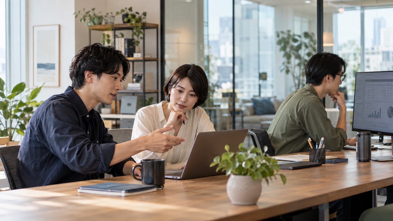 情報を共有しながら働く人々